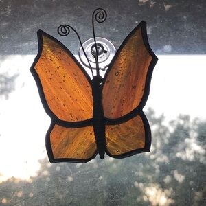 Amber Stained Glass Butterfly 🦋 Light Catcher To Hang In Window, Artist Made 😊